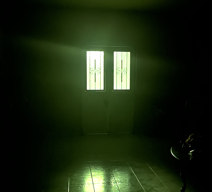 dark image with door with green glass with light coming through at night